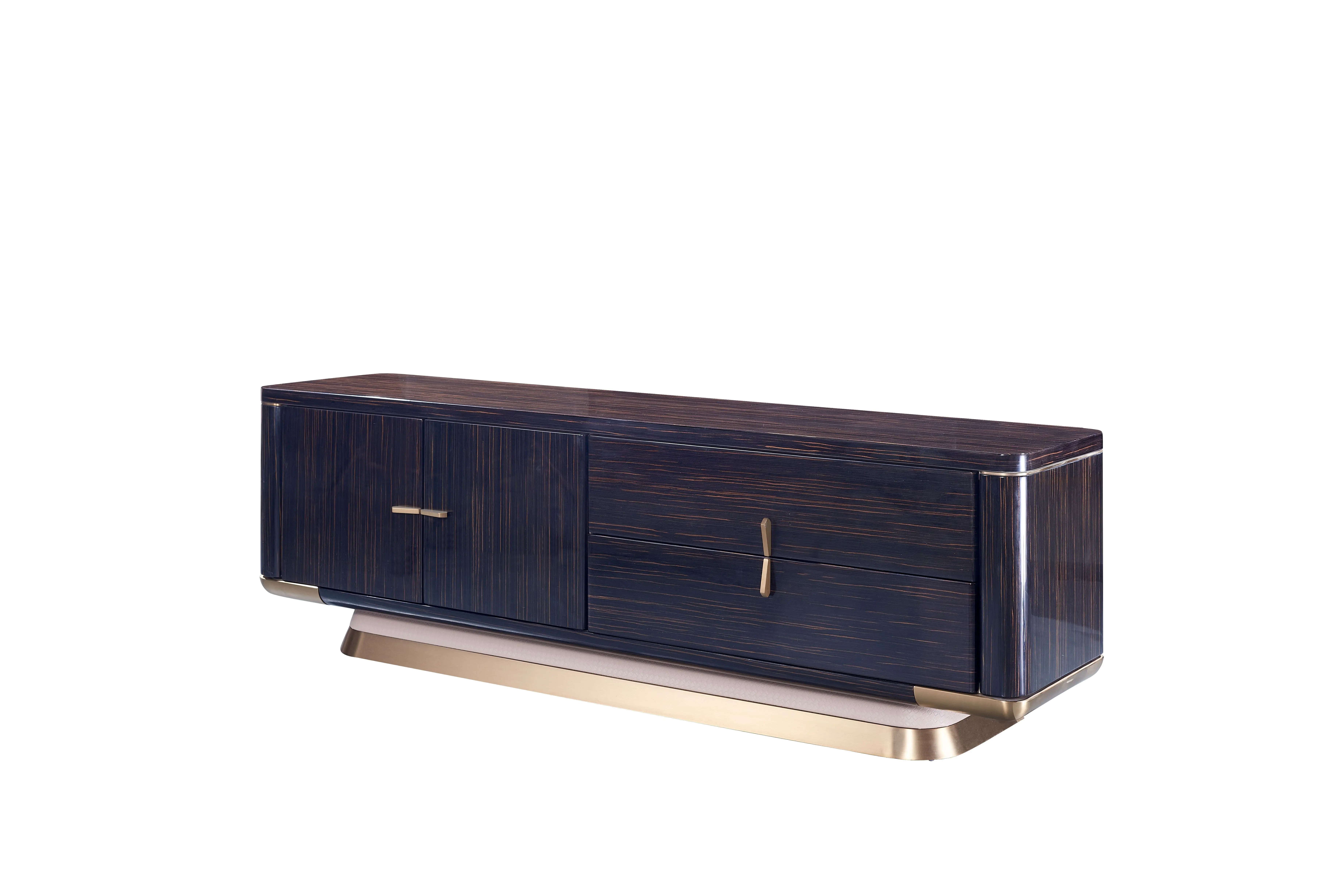 خزانة تلفزيون ذات قشرة خشبية بتصميم عصري، تخزين متعدد الوظائف مع قاعدة من الفولاذ المقاوم للصدأ للدرج