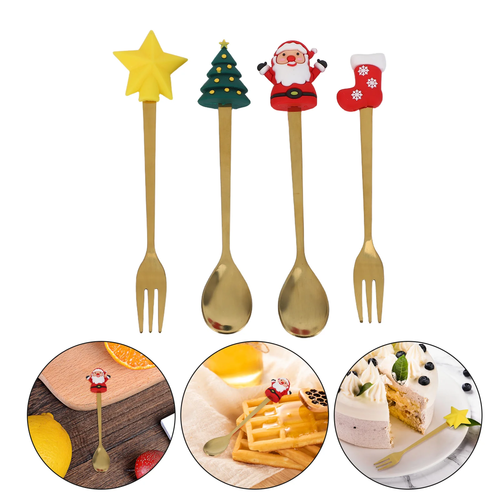 

1 Set Of Christmas Cutlery Kit Stainless Steel Dessert Spoons Forks Coffee Stirring Tableware Portable Cake Tea Spoons For Party