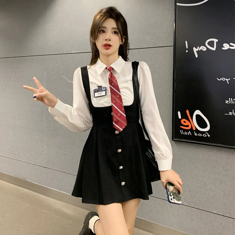 

Платье-трапеция больших размеров с высокой талией, длинным рукавом, в стиле кэжуал, для студенток, весенняя коллекция, стройнящий силуэт