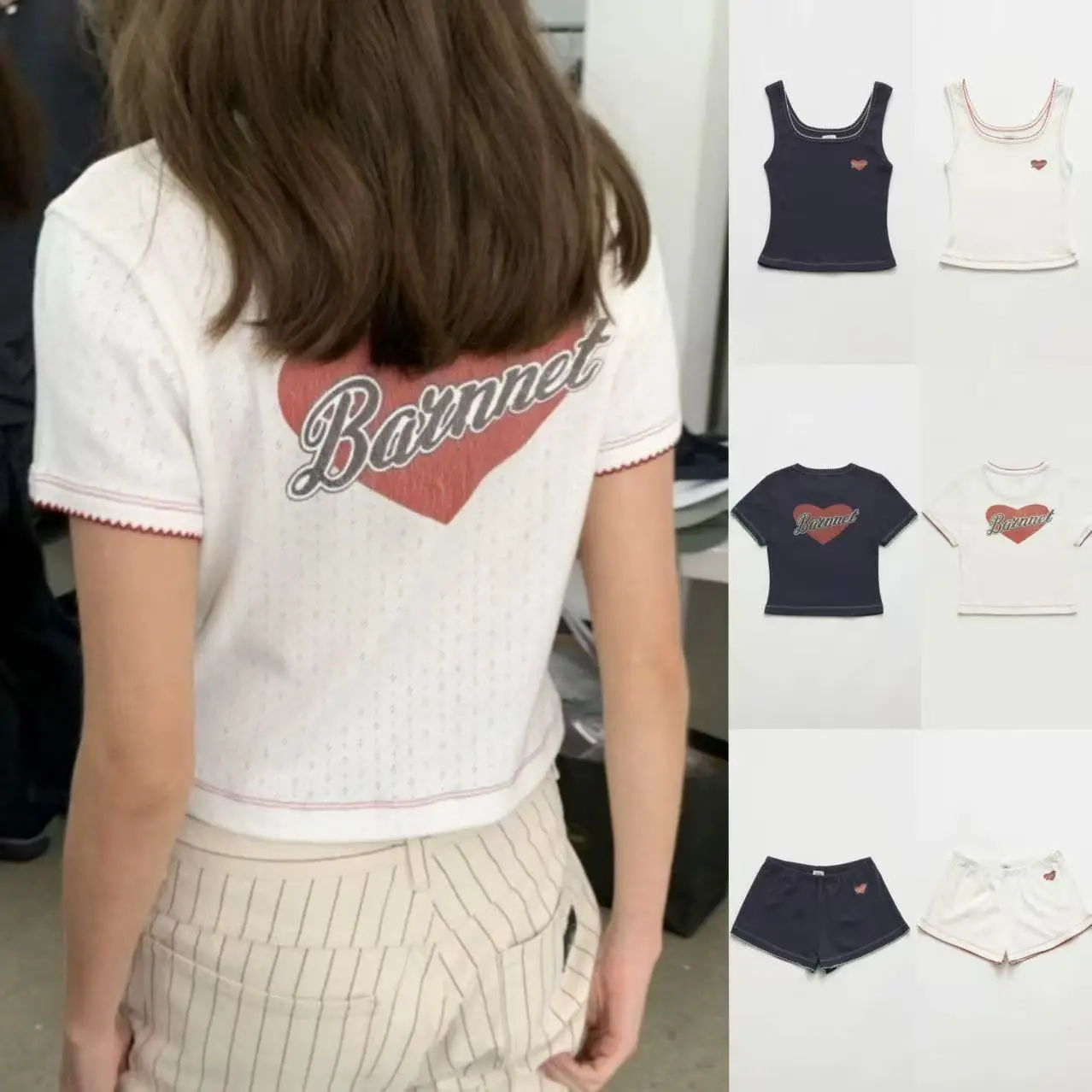 

TheBarnet Summer 2026 Women's Fashion Set Short Sleeve T-Shirt Vest Shorts Versatile Love Logo Series round Neck Pull over Style