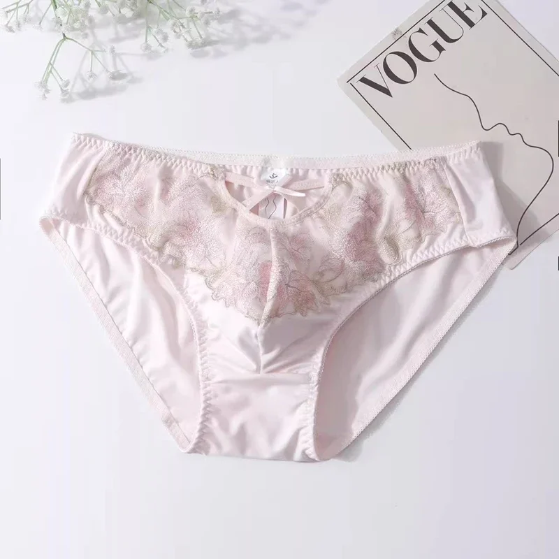 

Men Milk Panties Men Embroidery Sissy Underwear Comfortable Breathable Satin Sexy Briefs Pure Color Luxury Panties