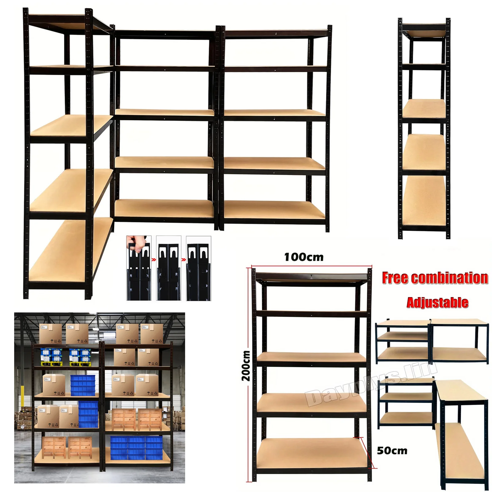 5-stufiges Metallregal, Lagerregal, Regal für Garage, Lagerhaus, Schuppen, H 200 x B 100 x T 50 cm, 875 kg (175 kg pro Regal) Tragfähigkeit
