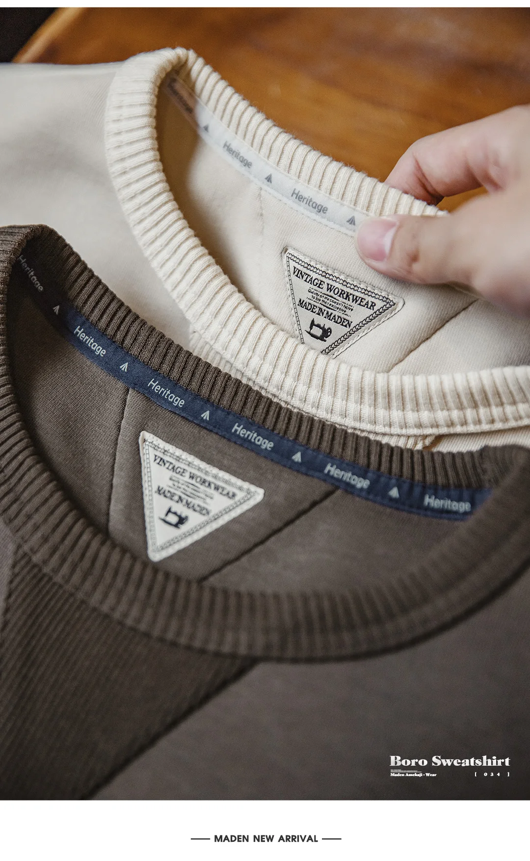Boro Patchwork Sweatshirt — Japanese-Inspired Sashiko Sleeve — Brown & Cream Sf8b2e0ba996e4044a3e8de5874cd46a6c