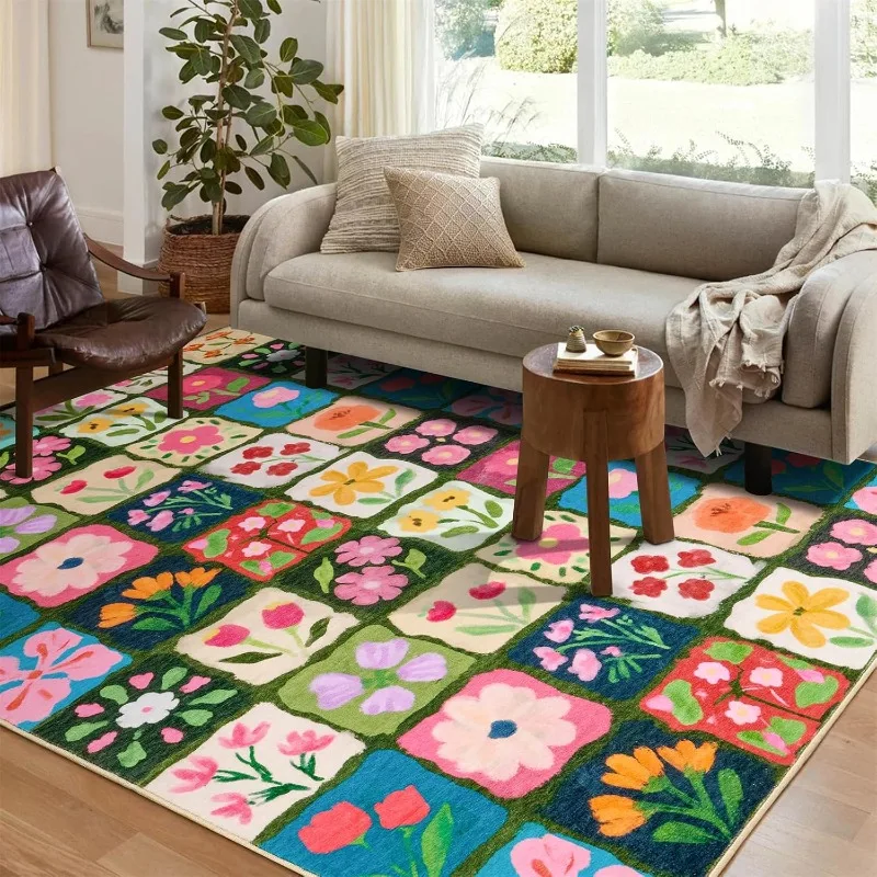 Colorful Block Floral Living Room Rug,Art Hand‑Painted Grid Flower Carpet for  Bedroom, Machine Washable Non‑Slip Sofa Mat Tapis