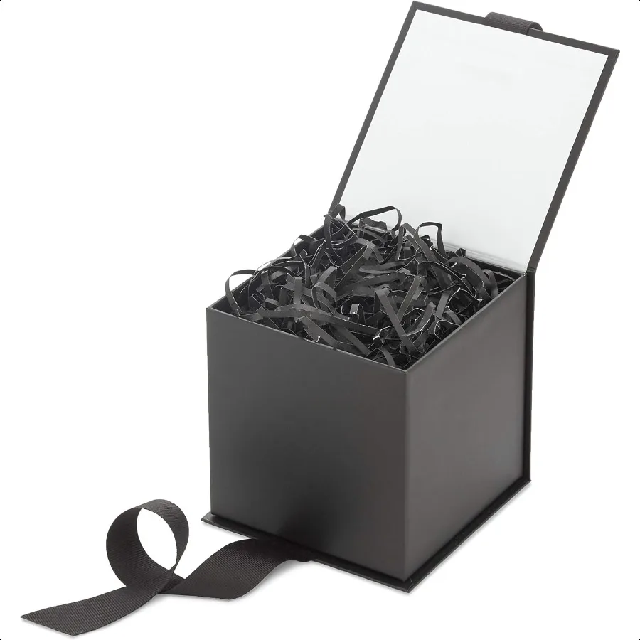 Small Gift Box with Bow and Shredded Paper Fill Black 4 inch Gift Box for Weddings Graduations Birthdays Father's Day Groomsmen