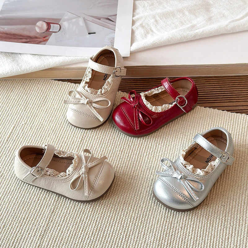 New Sweet Girls Lace Trim Mary Janes Princess Bow Kids Leather Shoes Non Slip Causal Dress Flat Shoes for Children Wedding Party