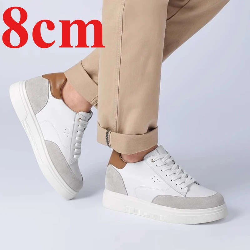 White Grey Height-increasing Shoes for Men's 8cm Thick Sole Casual Sneaker Genuine Leather Breathable Comfortable Elevator Shoes