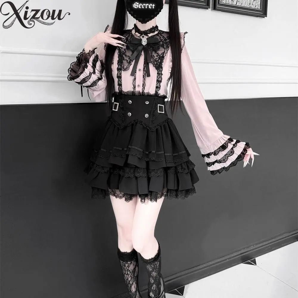 Jirai Kei Gothic Lolita Purple Ruffled Blouse Lace Bow Women Long Sleeve Top Sweet Punk Elegant Princess Spring Autumn 2026
