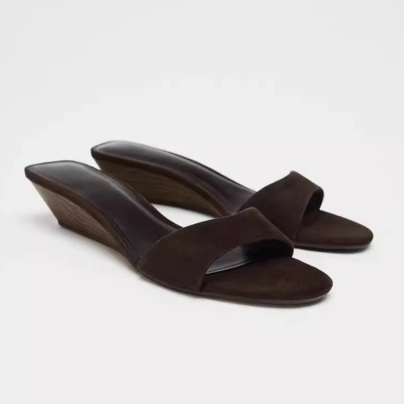 Slope Heel Thick Bottom One Slippers Women's 2025 New Stirrups Round Head Low Heel Sandals