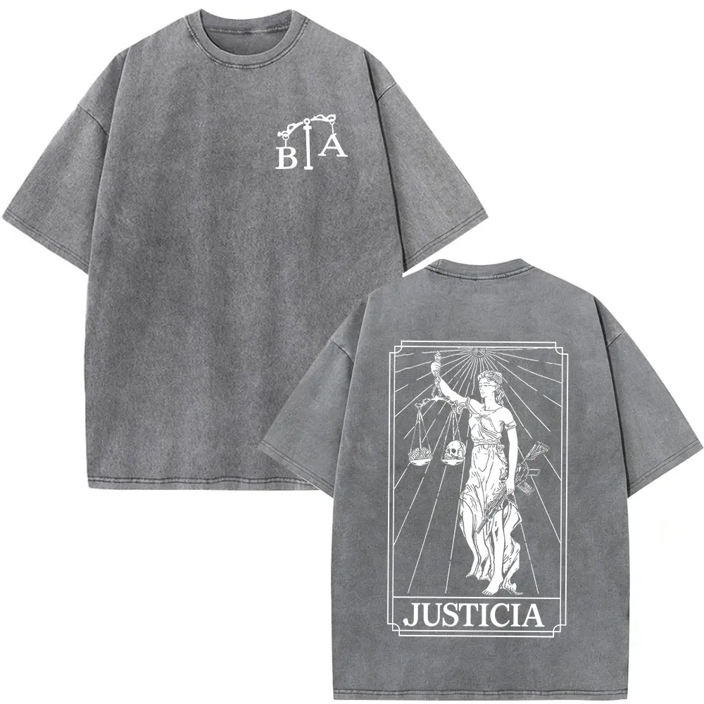 Vintage Washed Justicia Brothers in Arms Double Sided Print T-shirt Men Clothing Casual Cotton Oversized Short Sleeves T Shirts