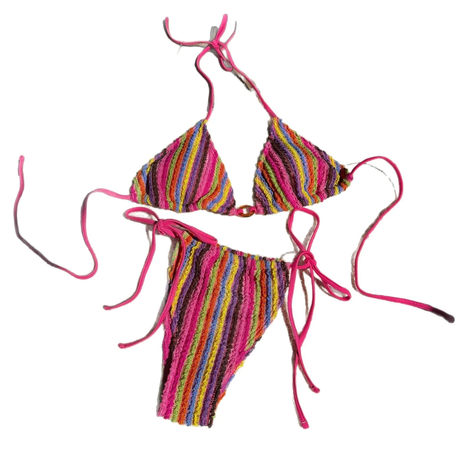 Swimwear Women Bikini Triangle Top Tie Side Bikinis Striped Pattern Ruched Swimsuit Adjustable Straps Crochet Two Piece Swimsuit