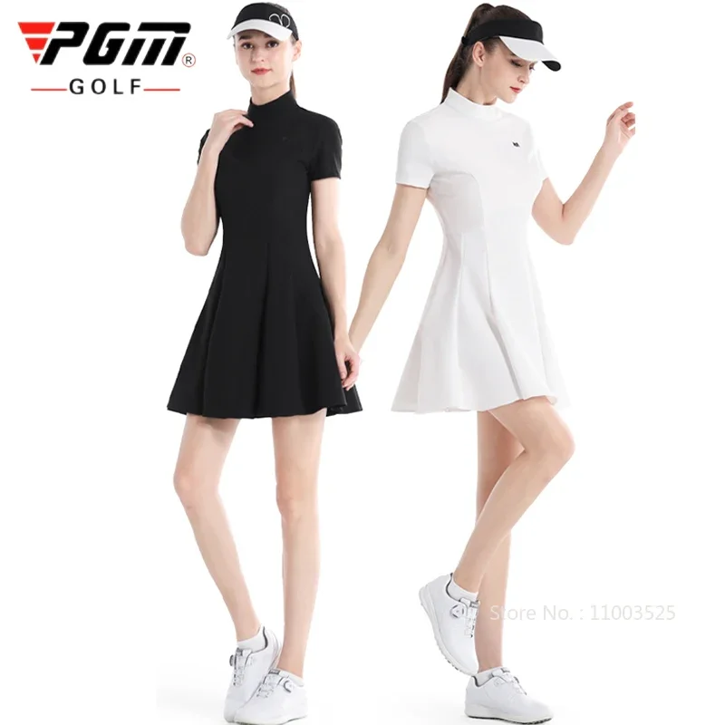 Pgm Women Summer Tennis Golf Dress High Waist Short Sleeve Skater Dresses Ladies Slim Back Zipper Skirts Golf Apparel S-XL