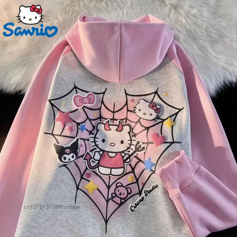 Women\'s Cute Spider Web Printed Hooded Sweater, Women Fashion, Winter Loose Oversize Hoodie, Sweet Pullovers, Sanrio Demon, Hell