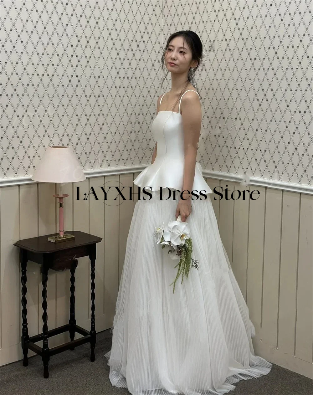 Белые свадебные платья на тонких бретельках с квадратным вырезом из тюля и атласа трапециевидной формы, корейские свадебные платья для фотосессии по индивидуальному заказу 웨딩드레스 2026