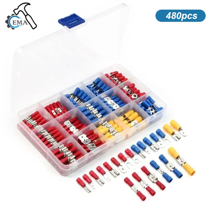 Heat Shrink Terminal Assortment 480pcs Insulated Electrical Crimp Connectors Ring Fork Spade Butt Connectors Kit for Auto Marine