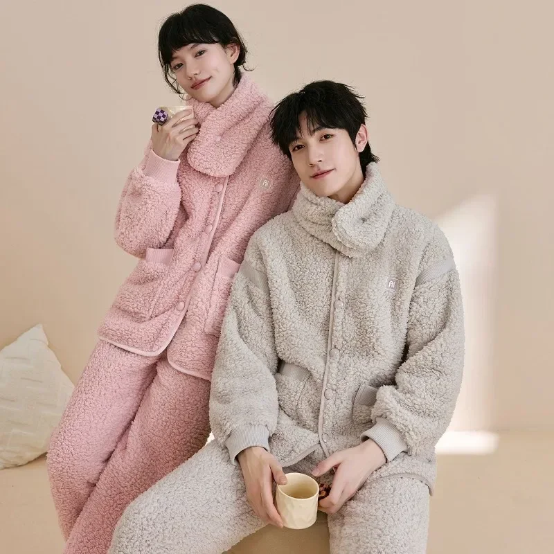 Warm Home Suit Set Couple Coral Velvet Pajamas Thickened for Men Handsome Sweet Can Be Worn Outside Ms. Flannel Scarf Style