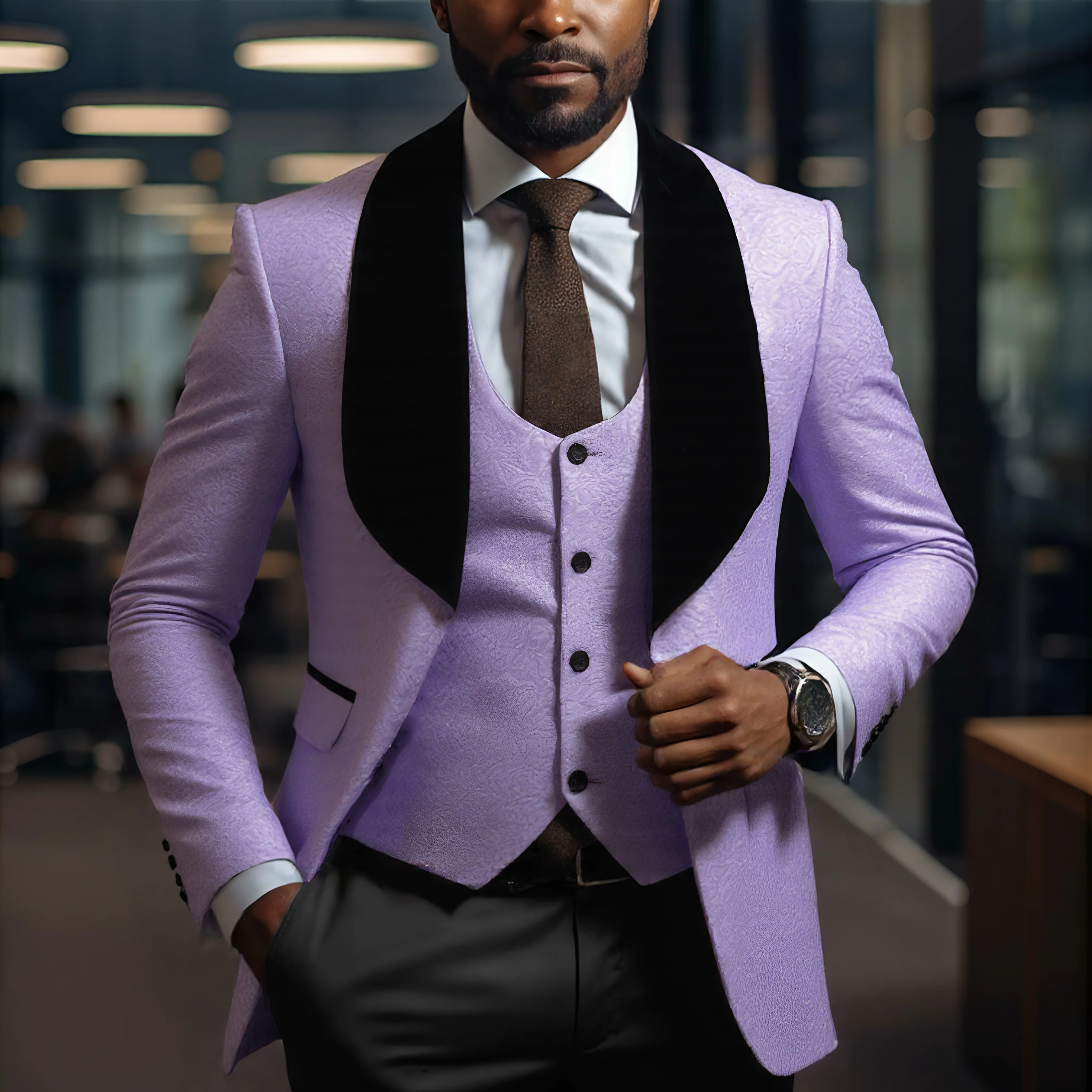 

Mens 3 Piece Floral Tuxedo, Jacquard Slim Suit Set, Paisley Blazer Vest And Pants For Prom Wedding