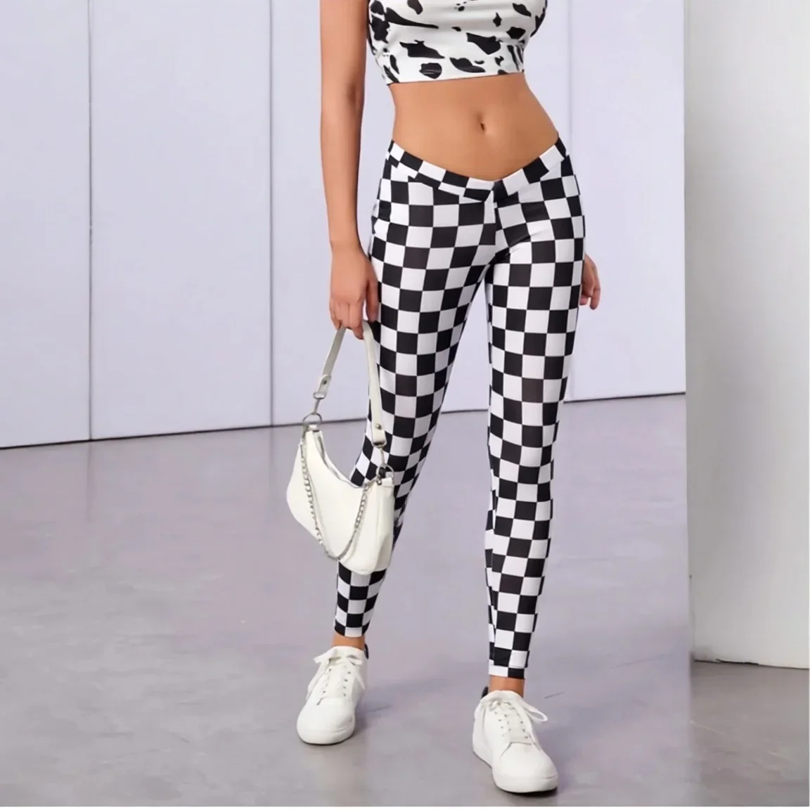 Womens Black White Checkered Print V Cross Waist High Waist Stretch Yoga Leggings Tummy Control Soft Workout Running Gym Pants