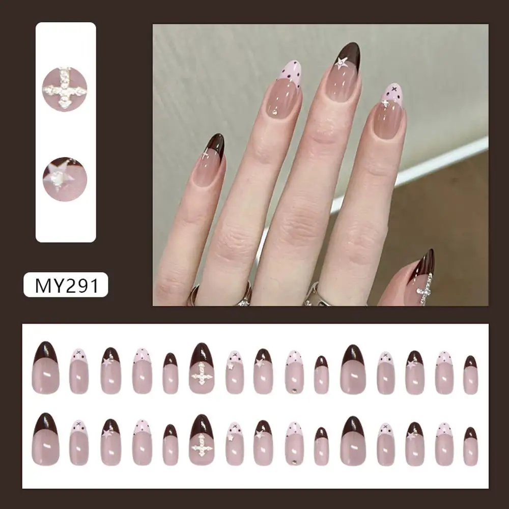 Süße Polka-Dot-Kunstnägel in Pink-Braun mit French Star Cat Eye-Effekt, glänzend, Kroos Heart Girl, europäischer und amerikanischer Stil, tragbare Nagelschutzabdeckung