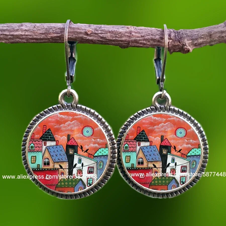 New Arriva Colorful House and Tree Women  Earring Abstract Oil Painting House Glass Cabochon Womens bronze Dangle Earrings