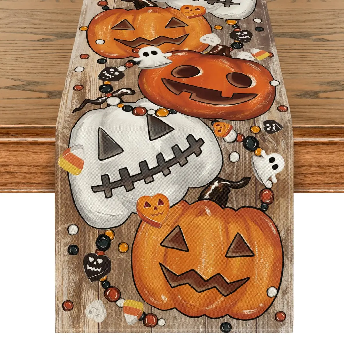 

Jack-O'-Lantern Pumpkins Spooky Retro Halloween Table Runner, Candy Corn Kitchen Dining Table Decoration for Home Party Decor