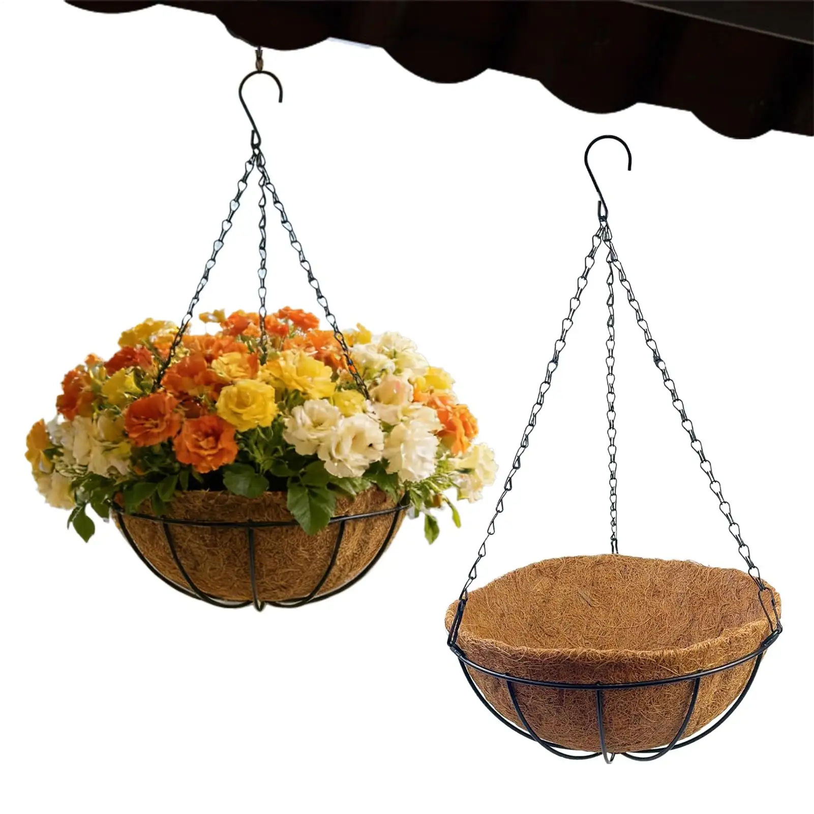 2 Pieces Garden Basket Planter With Coco Coir Liner 12 Inch Hangable Metal Plant Pot With Chain For Garden Yard Patio Balcony