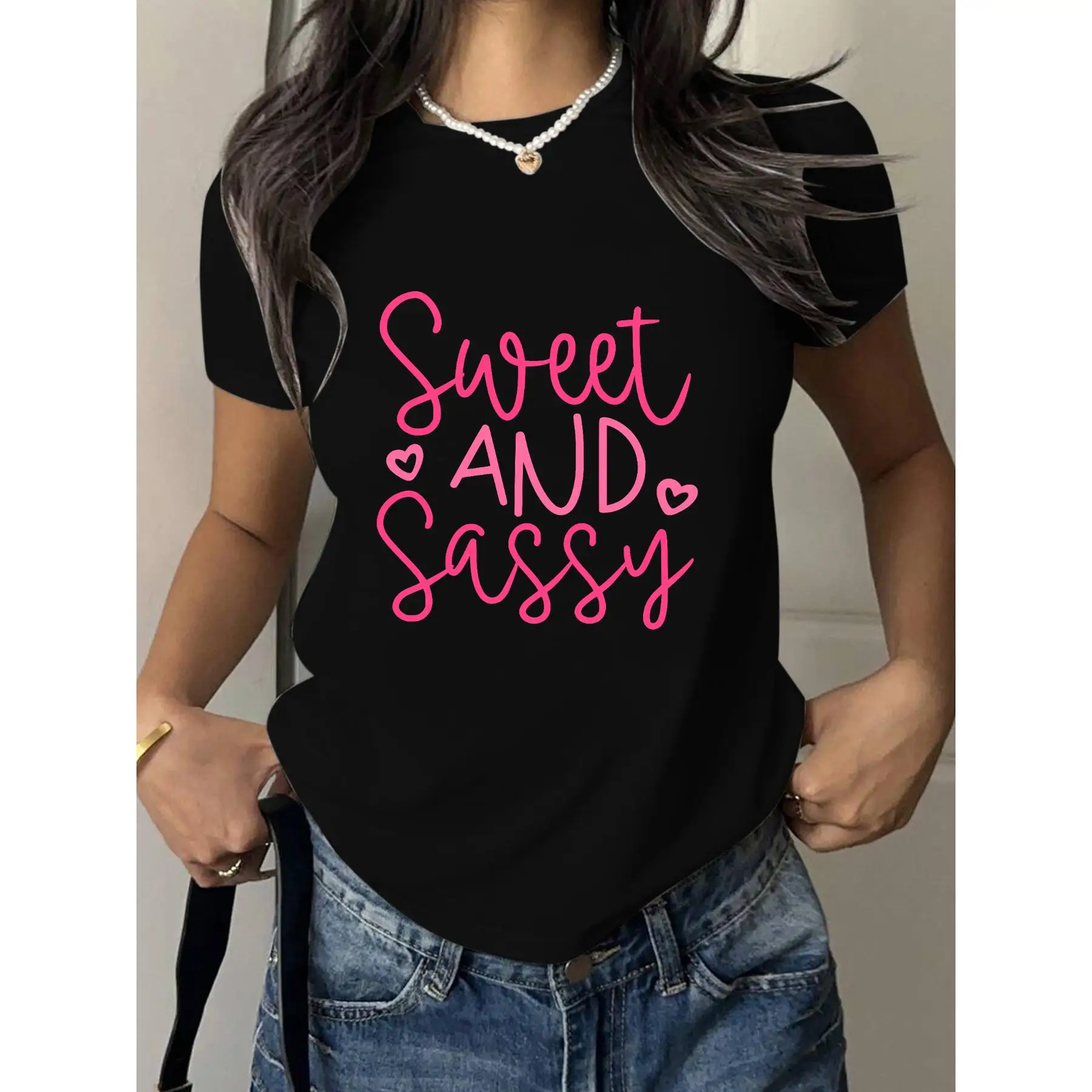 

Sweet and Sassy T-Shirt for Women – Pink Fun Quote Graphic Tee, Casual Black Shirt for Bold & Confident Girls