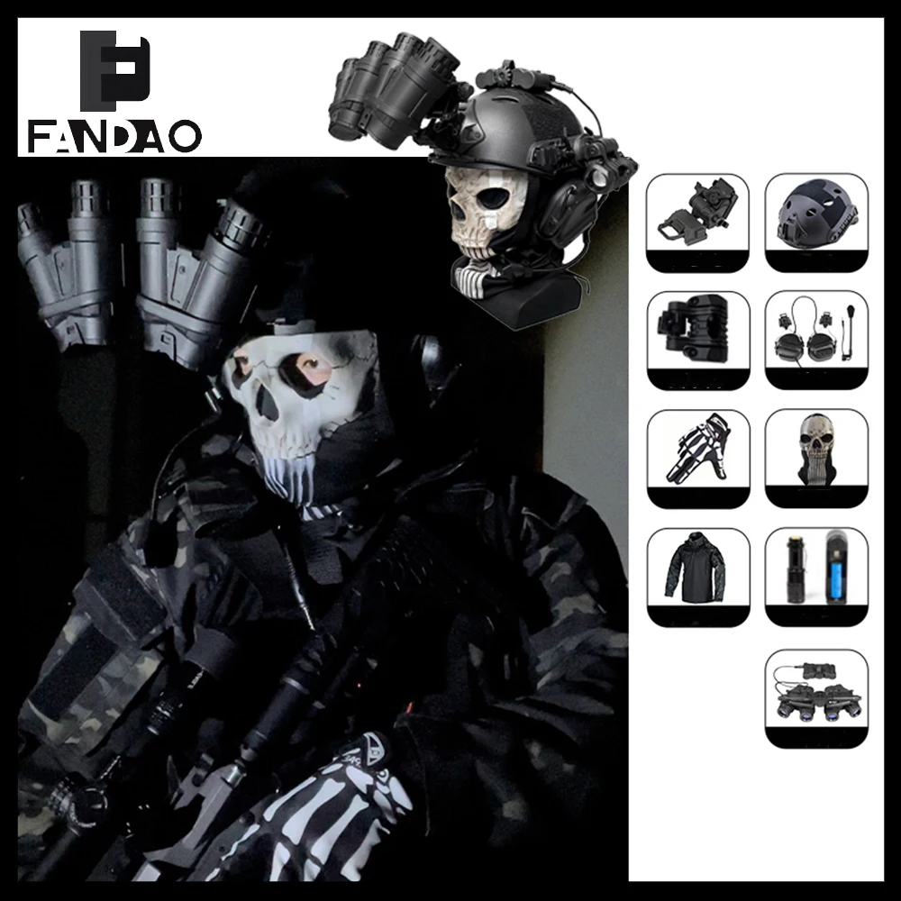 

Tactical Airsoft COD Helmet Set with Ghost Skull Mask Headset NVG Model Flashlight Camo Jacket for CS Call of Duty 19 Cosplay