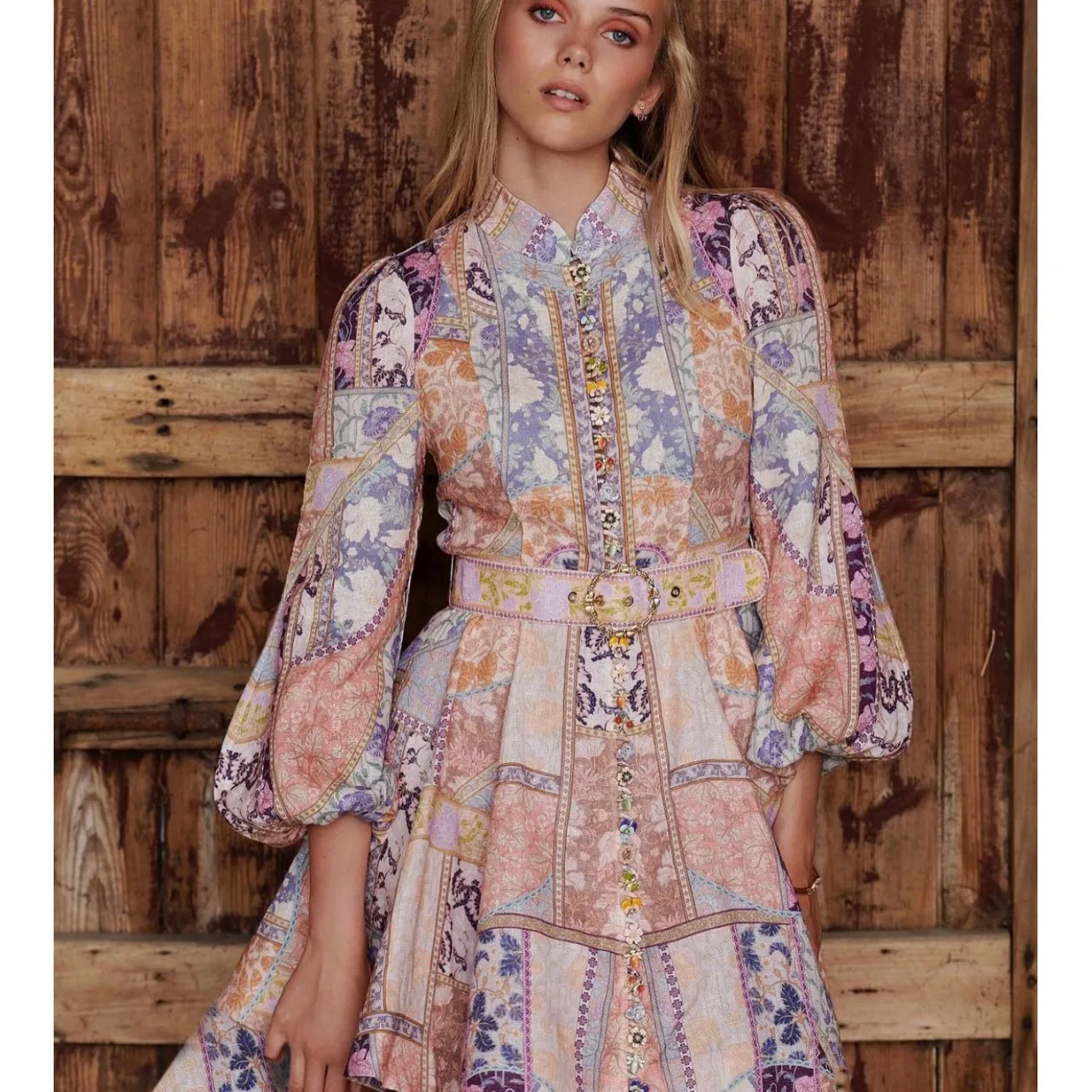 

Ele Floral Print Midi Dr with Lantern Sves Stand Collar Women's Faion Belted Skirt A-Line Silhouette Commute