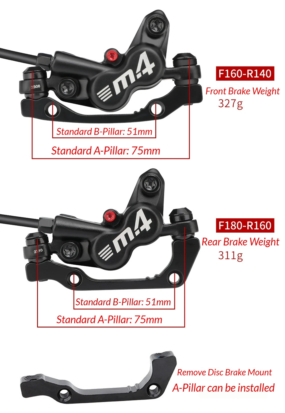 MEROCA M4 4-Kolben Hydraulisches Scheibenbremsen-Set Mountainbike Vorne 800/Hinten 1400mm 160mm Rotor MTB Fahrrad-Bremszange – Detail 7