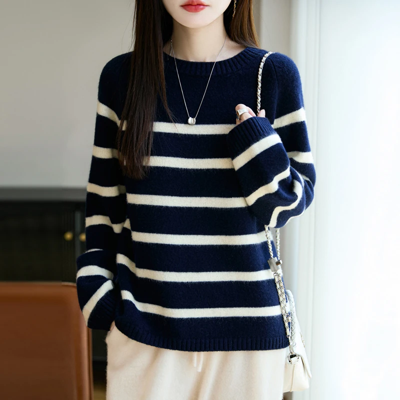 

Autumn and winter women's striped two-color pullover long sleeved round neck new 100% Merino wool pullover for women