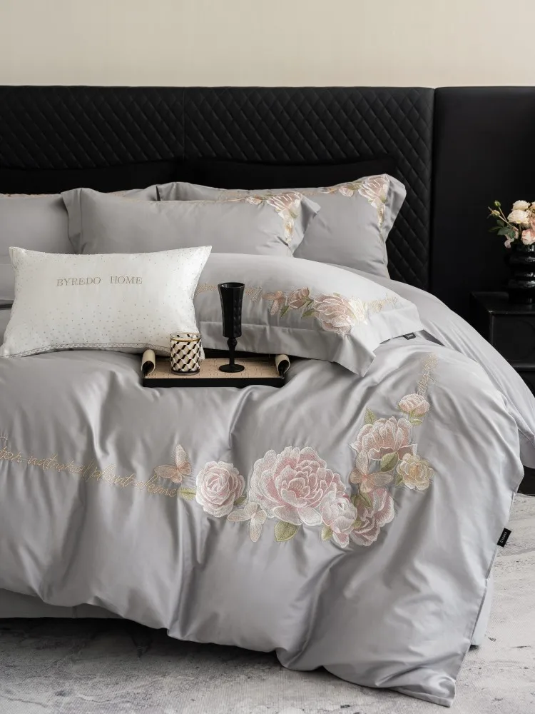 Tencel Lyocell Bedding Set Luxury Solid Embroidery Bed Linen Duvet Cover Set Queen King Size 4Pcs Bed Sheet Pillowcases