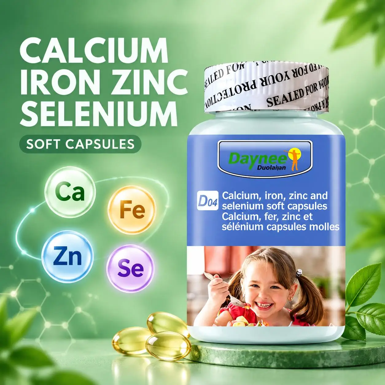 Kids Softgels Supports Growth Development Bone Immune Health Energy Calcium Iron Zinc Selenium 100 Tablets Non-GMO for Kids