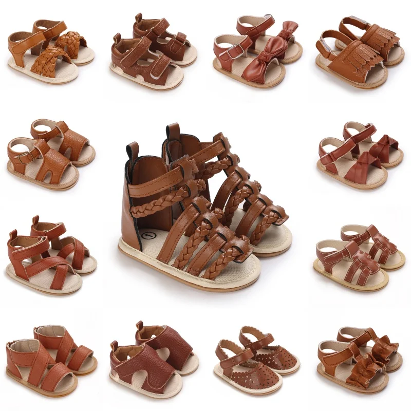 Brown Summer 0-18M Newborn Sandals Cute Bow Soft Rubber Sole Anti Slip Breathable Baby's First Pair Of Walking Shoes