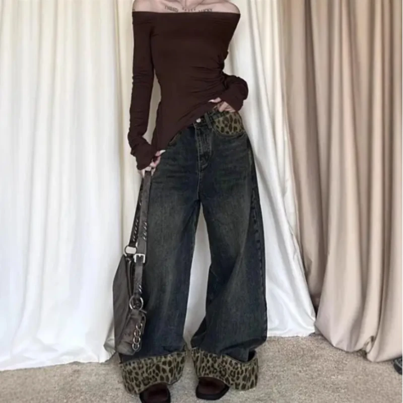 

Trendy Retro Street Girl Y2K Leopard Print patchwork Design Wide Leg Jeans Women American Loose Straight Leg Pants Rolled Edges