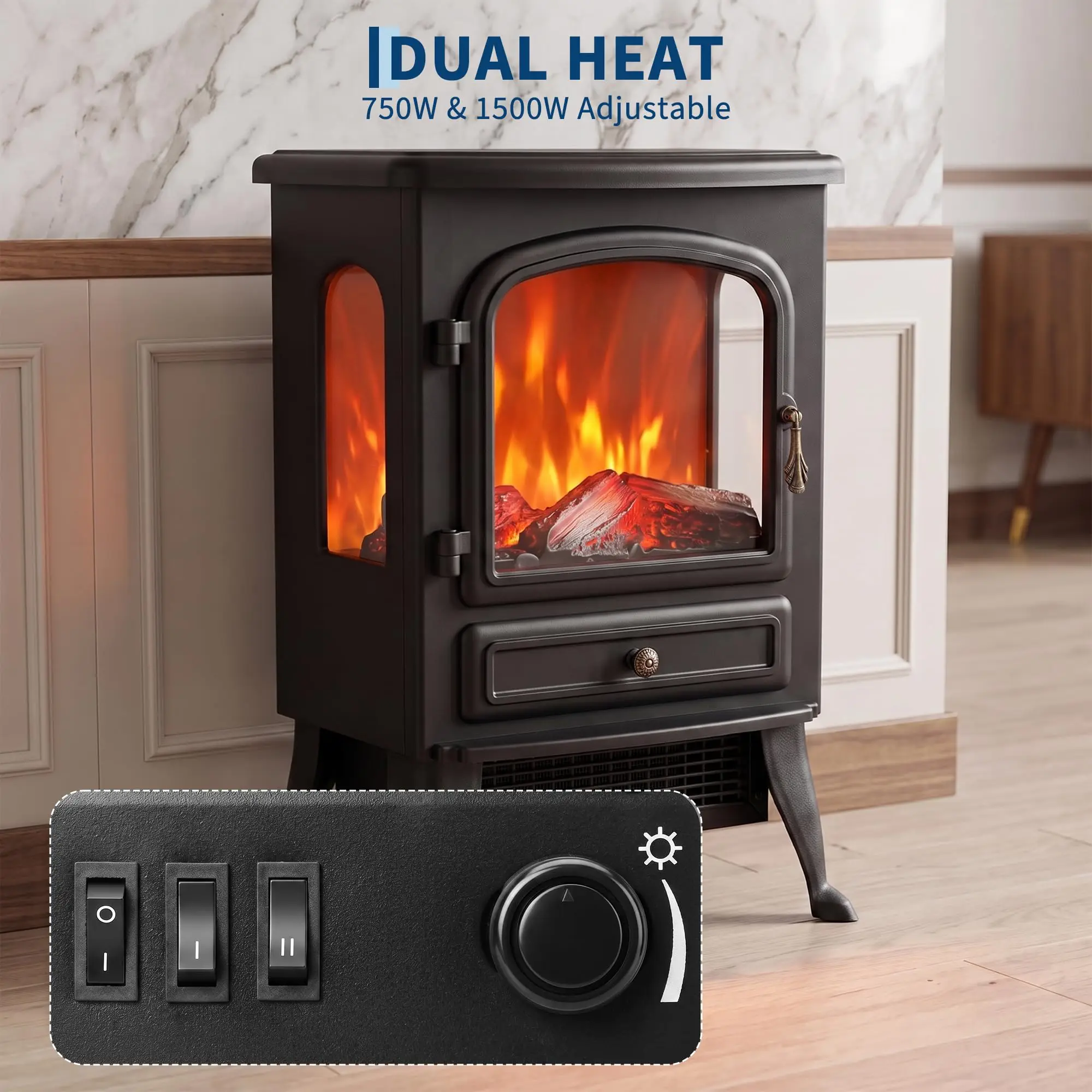 Freestanding Electric Fireplace Stove, 3-Sided Glass Window, 750W/1500W Heater, 5118 BTU Multicolor LED Flame, Black Iron