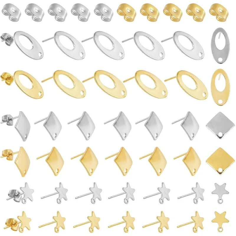 

60pcs Earring Posts Golden Silver Ear Pad Base Posts with Holes 3 Style Earring Post 304 Stainless Steel Earring Studs with Ea