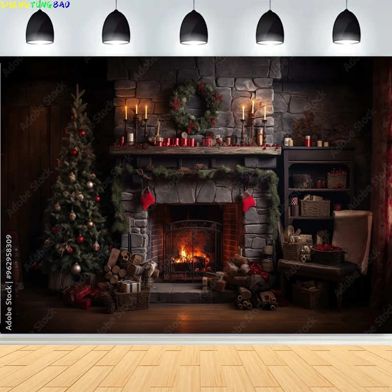 

Christmas Day Fireplace Photography Backdrops Prop illustration Window Living Room Interior Village House Theme Background HK-02