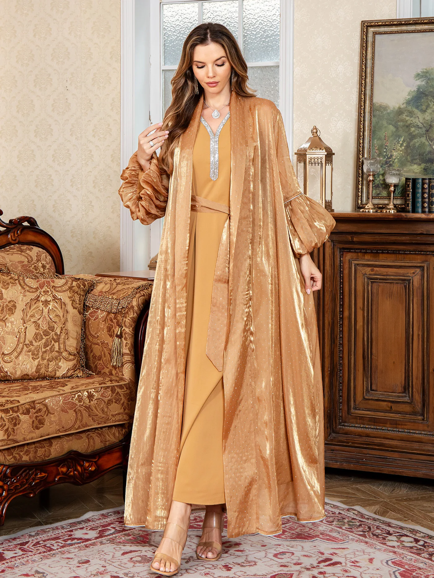 Eid Frauen 2-teiliges Set Muslimisches Abaya Perlenkleid Strickjacke Schnürung Jalabiya Ramadan Vestidos Largos Lange Robe Marokko Kaftan