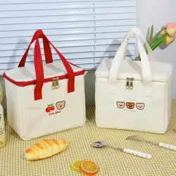 Cute Lunch Bag Large Capacity Canvas Anti-cooling Handbag Aluminum Foil Insulated Food Box Office Worker Portable Bento Bag