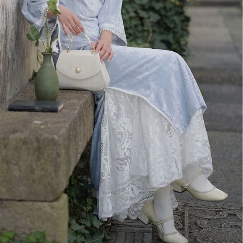 

Women's Lace Inner Midi Skirt A-Line Pleated High Waist Spring Summer Fairy Skirt Large Swing Skirt H-Shape PVC Fabric
