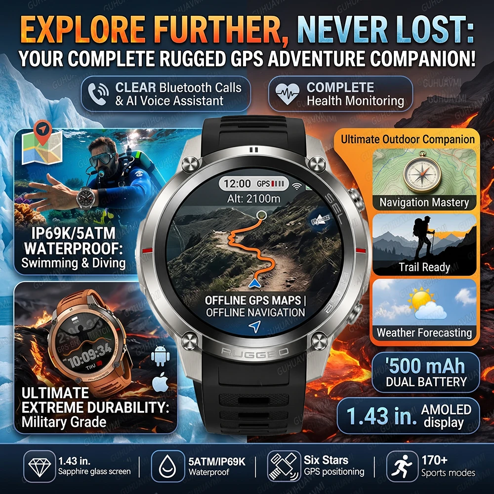 2026 New GPS Smart Watch 5ATM Waterproof Built-in Offline Map Compass Military Sport Watches 170+Sport Modes Swim Smartwatch Men