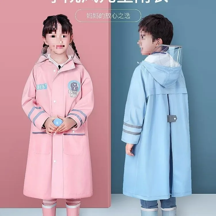 Full body waterproof skin friendly thickened fabric children's raincoat with schoolbag for middle and primary school students