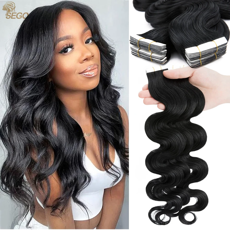 سيجو غير مرئية متموجة الشريط ins شعر مستعار بشري للنساء 20 قطعة مزدوجة الوجهين الجسم موجة بولي Tape الشريط ins الجلد لحمة وصلات شعر