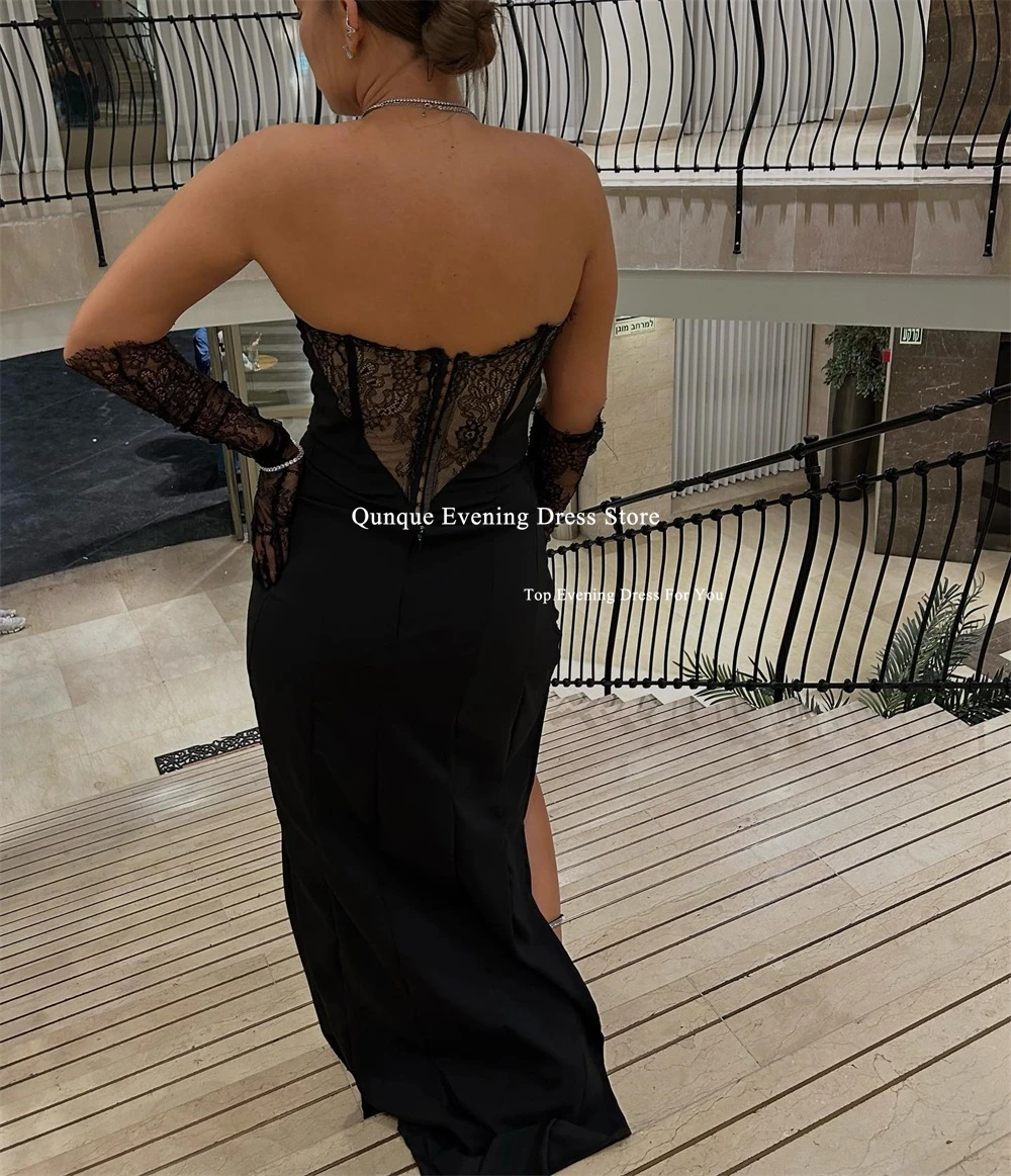 Qunque Mermaid High Split Prom Dress Black Satin Evening Gowns Sexy High Split Lace Celebrate Dress Robes De Soirée Customized