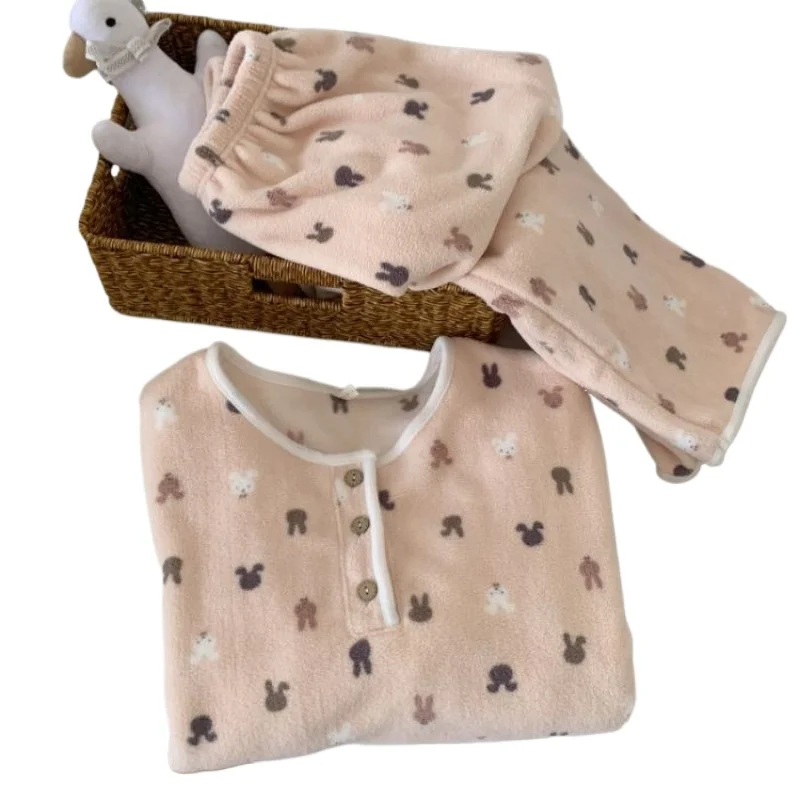 Women' Winter Thickened Warm Suit Flannel Loungewear Coral Fleece Can Be Worn Outside Cross-border Wholesale Half Fleece Pajamas