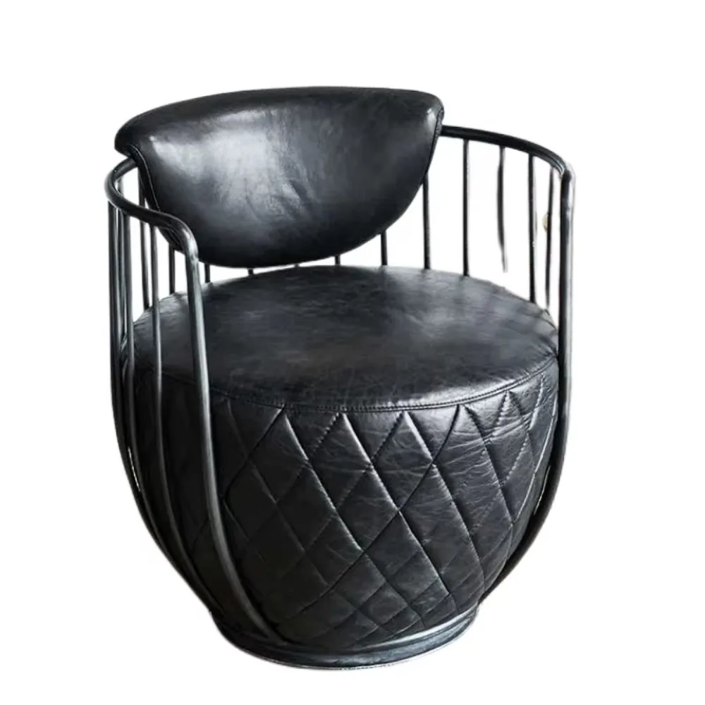 

Antique Brown Leather Black Metal Swivel Chair Industrial Leather Cup Chair Unique Design Drum Single Sofa Chair Hotel Furniture