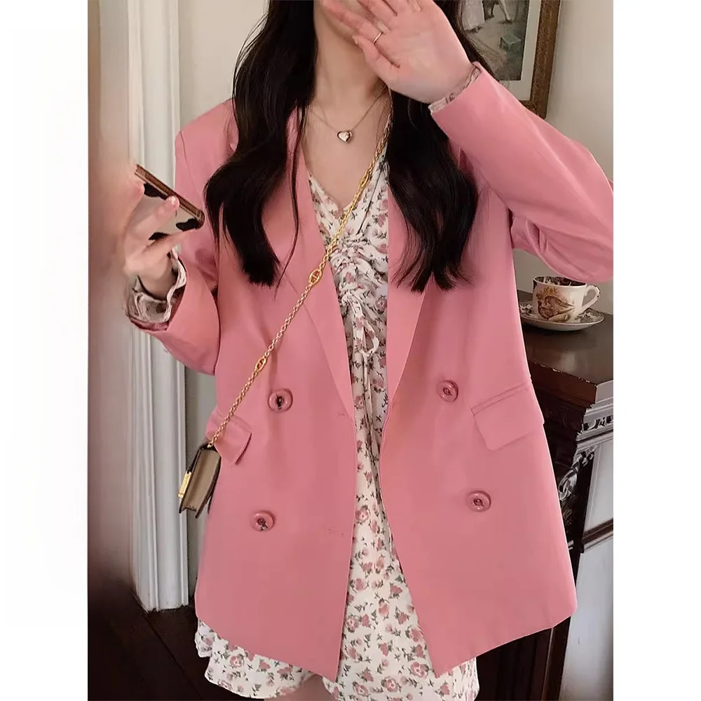 

Розовый длинный двубортный однотонный пиджак-жакет, простой, стильный, универсальный, для девушек, верхняя одежда ANLI, для повседневной носки, стильный, весенний...