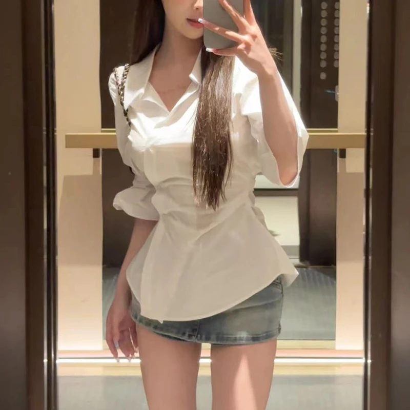 

Women Temperament V-neck Shirts Slim Uniform Gothic Short Sleeve Tops Blouses Summer Sexy Club Hot Girl White Fashion Shirt