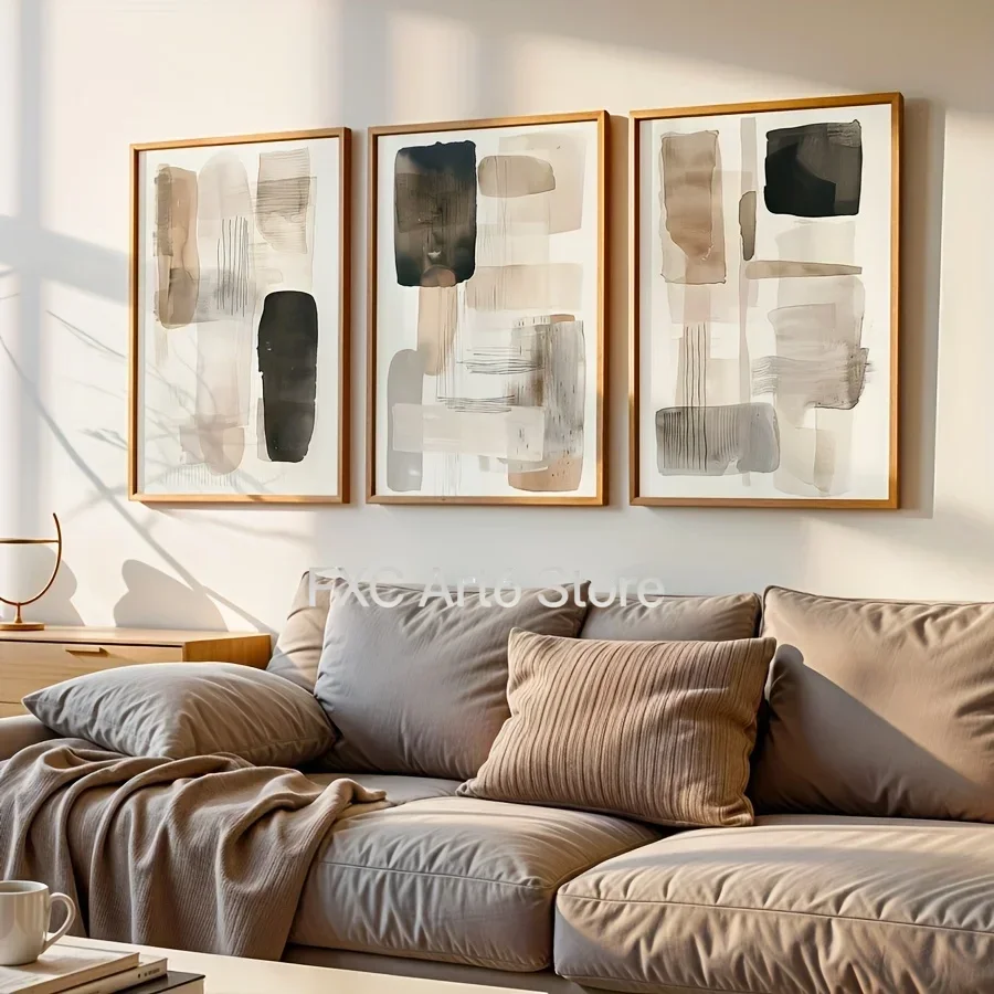 3PC frameless  of Black Beige Simple Geometric Canvas Printing Neutral Gallery Abstract Wall Art Posters for Modern Nordic Home